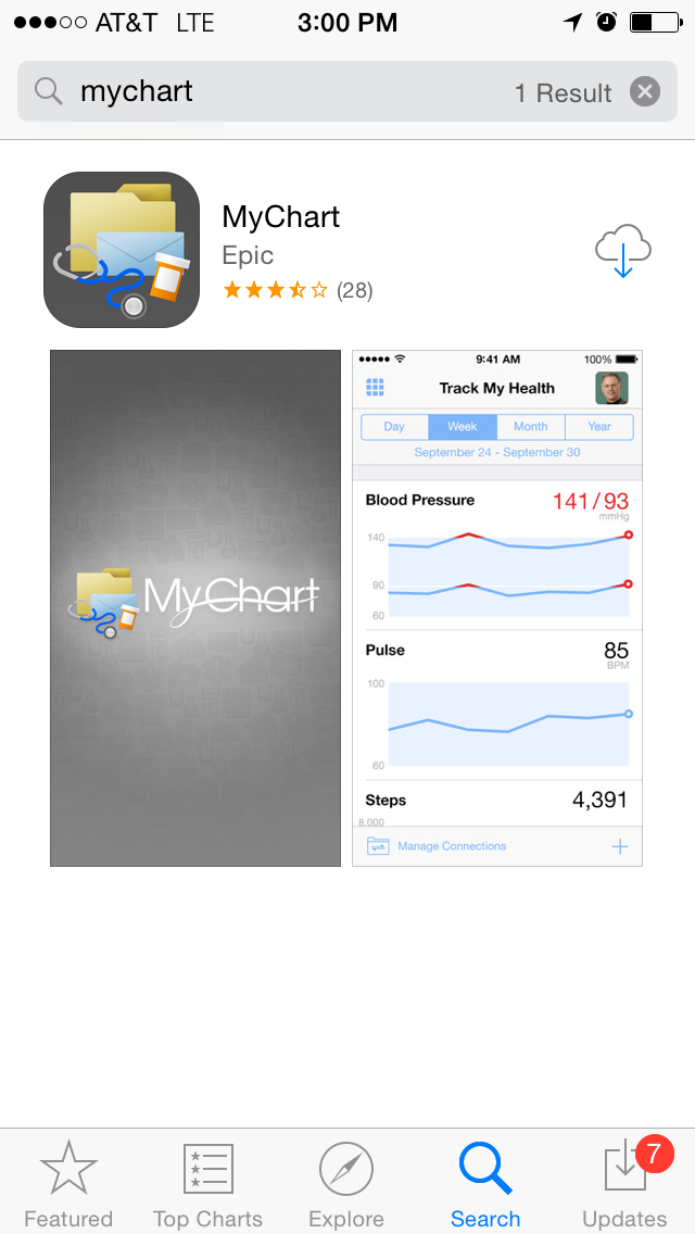 Apple iTunes Store search for MyChart